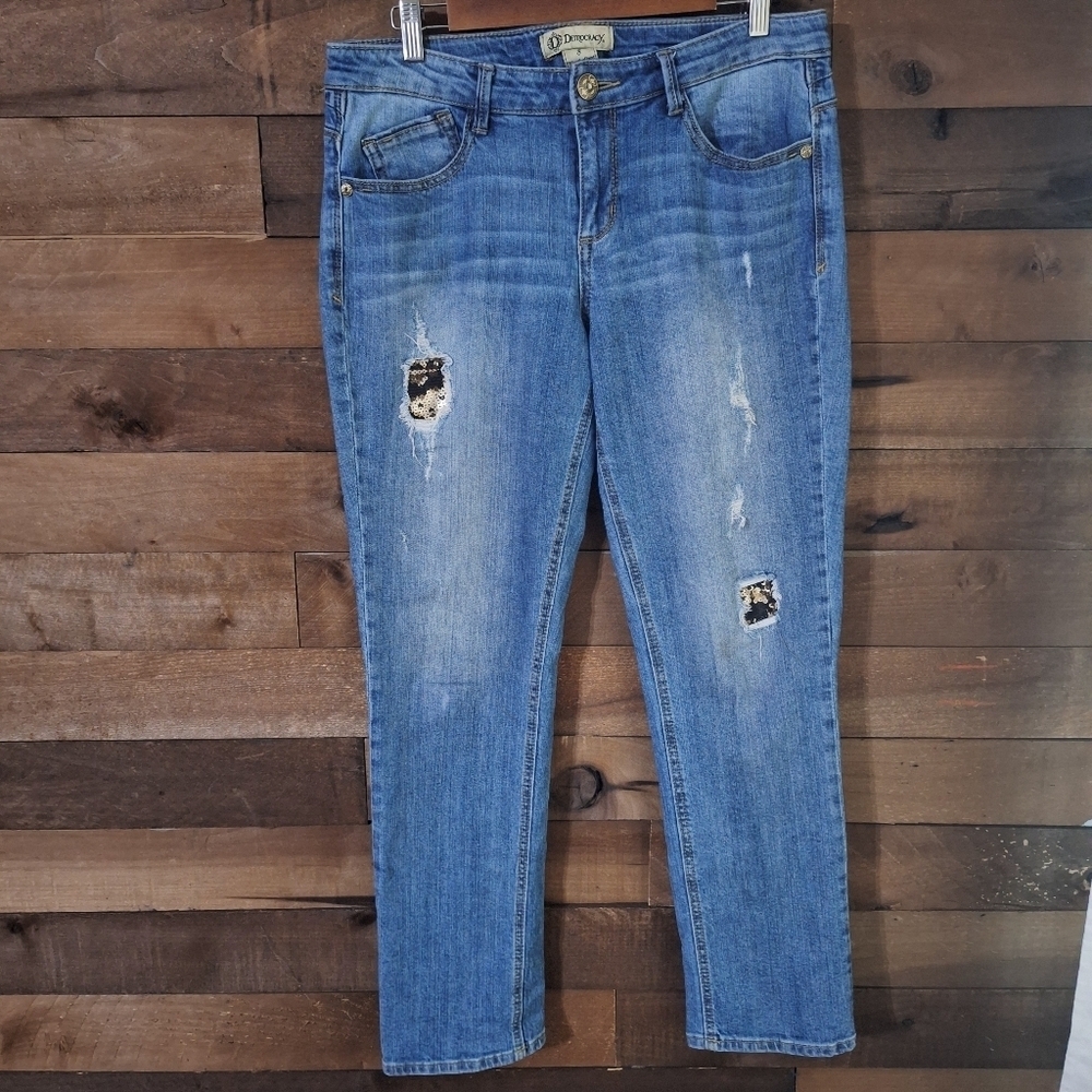 Democracy Flex-ellent Sequin Patch Distressed Jeans Sz 8
